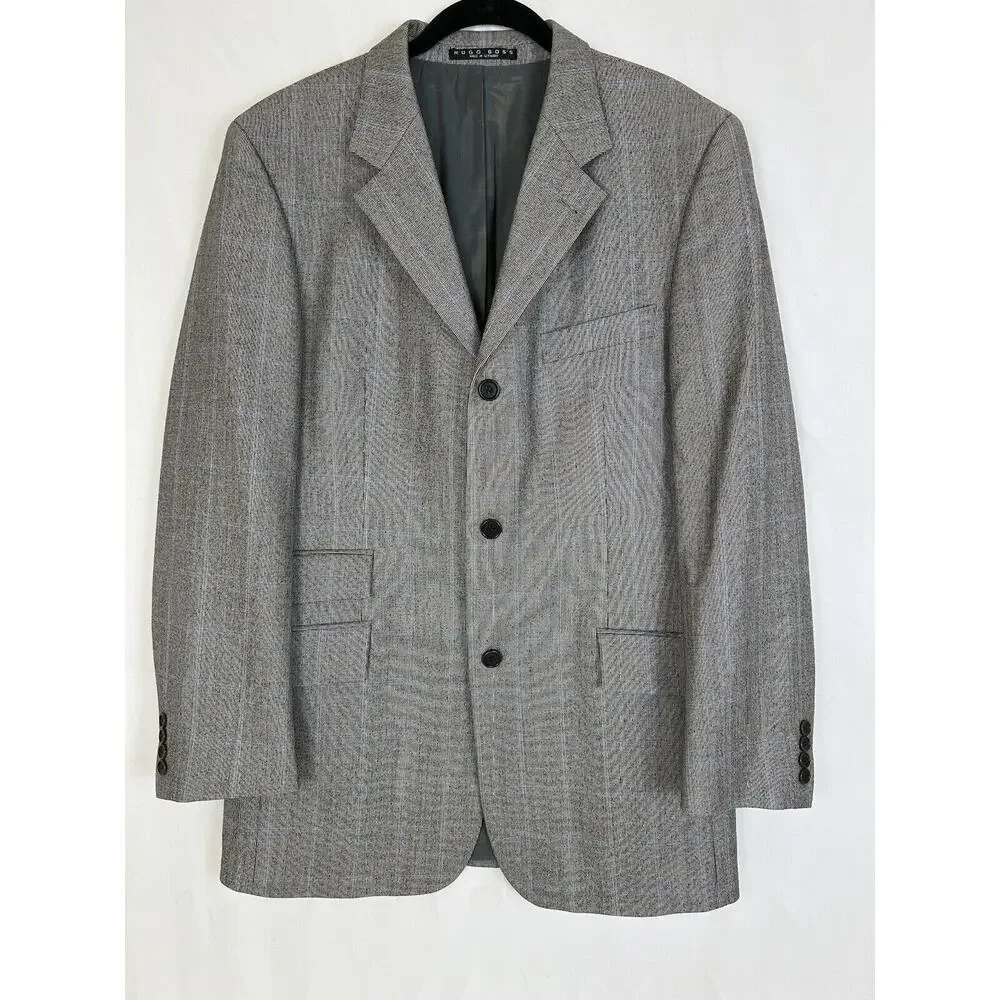 Hugo Boss Lanificio Tesse‎ Biella Windowpane Plaid Gray Blazer Men's 42T Wool